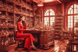 surreal image full-height shot of a young woman in tight red clothing, inside a large modern magic shop, sitting at a desk, wooden shelving, bottles, windows