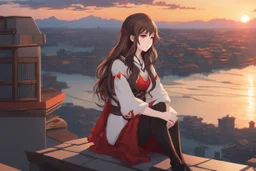 woman with long brown hair, red eyes, pale skin, highly detailed, intricate background, sitting on rooftop during sunset, contemplative, anime style, Genshin Impact inspired, dynamic composition