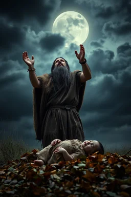 A Stone Age man with long hair and beard wearing an animal skin cloths standing with anger , looking up to the sky , raising both hands up like prayer. His baby who is laying dead on the ground covered with leaves, A cloudy stormy behind a dim lighting moon ,4k, dramatic scene,