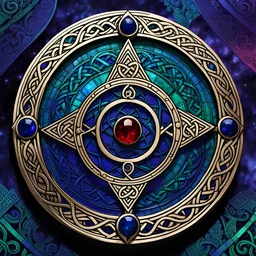the symbol of an ancient Celtic female vampire coven , in the form of highly detailed triskele and knotwork, made from lapis lazuli, emerald, and ruby, with the all seeing eye at its center lapel pin, in the graphic novel style of Bill Sienkiewicz, Jean Giraud Moebius, and Enki Bilal