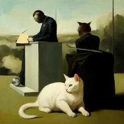 UN conference,a cat and human flesh-like surgical instruments and universe-like a pigeon and neuralink, surrealism,minimalism,Painting By Adrian Ghenie, Rene Magritte, Salvador Dali, Lucian Freud