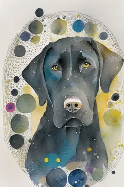 abstract watercolour of a black Labrador dog’s head in the style of Sabrina garassi with bifurcated circles
