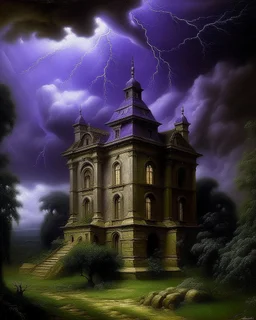 A violet atomic mansion in a thunderstorm painted by Leonardo da Vinci
