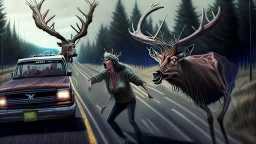 the deceased deer resurrects as an evil lovecraftian deerchad and chases an older drunk lady down the I90 highway