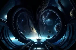 View from a spaceship into a natural event horizon void in space with enormous strange tentacled creatures flying around in the black