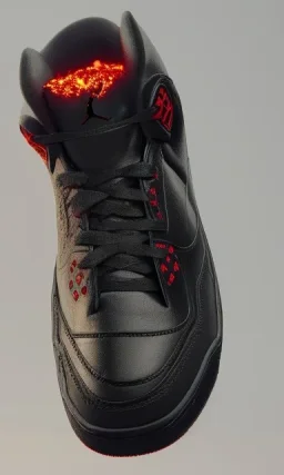 Jordan 3 black sneaker made out of fire. Animation movie style.