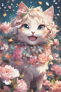 high resolution,best quality anime, highres,Full Body, 8k character concept,8k, pixiv, illustration, ultra-detailed, face focus,Line Art,Ink,acrylic painting,pastel painting,mysterious,elaborate,dof,Laughing cat with a bouquet of flowers,confetti of flowers, kawaii, thick eyebrows, smile, pastel colors, pop art, anime style, very delicate brushwork, clear, vivid, face Clear