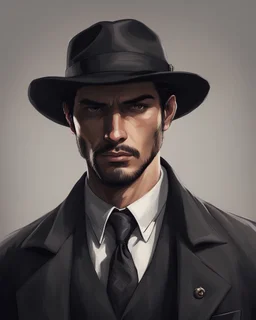 Man He wears Italian gangster clothes He is tall, , has a beautiful face, has brown eyes, and wears a black hat ، He holds a pistol in his hand