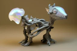 Little sculpture of a strange creature made with concrete and driftwood and mother-of-pearl and low voltage filament lit