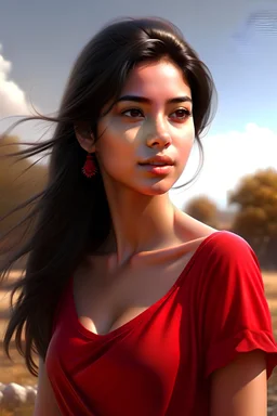Digital art, high quality, digital masterpiece, natural illumination, sunny day, realistic, film style, beautiful, (full body:2.5), (1 Young peruvian girl: 3), (Dark hair:1.8), (tan skin:1.8), (subtlety smiling:1.8), (Red Clothes:1.8), perfect nose,(Temple:2), (Summer:1.8)