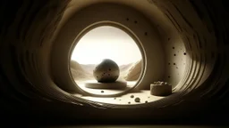 Interior of a spherical room, with holes, mirrors, and a hidden inhabitant, Daguerreotype, Light pillars, Plasticine, Avalanche, Desert