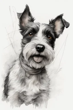 Portrait of a terrier, traditional hand-drawn ink line sketch, retaining rough structure lines and flying lines; watercolour , transparent, water scale edge and strong white highlight; texture white paper background, strong line dynamics; 3:4