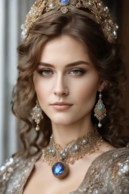 Half body photography cinematic realistic portrait ,natural beauty,natural colors, of young woman, smiling, beautiful, shiny grey eyes, make up, Victorian Byzantine style, shiny baubles, ornate, large gemstones, shiny molten metalics, shiny wire filigree, brown hair, high definition, established photography