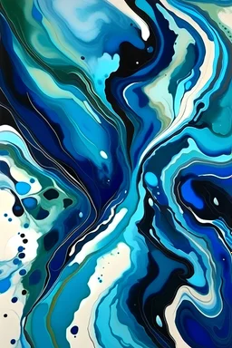 Liquid abstract painting, navy, peacock blue, ivory, candy apple, liquid pattern