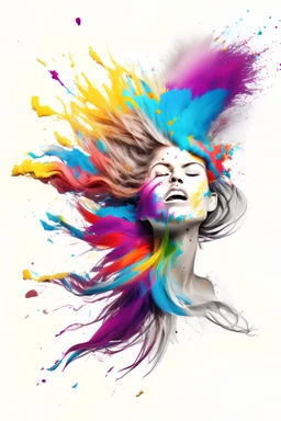 Beautiful face, flying hair, all colors, white background, explosion, colorful mold