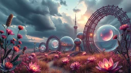 Dynamic cifi country side ,hypnotic of 3D structures Symmetry twisting and morphing between cifi plants , cifi flowers and metal geometric 3d structures buildings , smooth translucent iridescent glass with inner glow and bubbles, varied transparent materials, stormy skies, intense dramatic