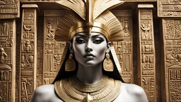(living solo Egyptian voluptuous goddess Thoth with perfect human body & animal head:1.39) wearing Egyptian armor & clothing, imposition of Egyptian hieroglyph, using (duotone white & gold color palette:1.0), natural lighting, (background of Egyptian architecture and decorations:1.4),(animal head:1.4),[abstraction], SFW, cinematic IMAX, intricate details, highest quality, 8k, RAW photo, UHD, HDR, focused, sharp, animal head