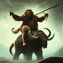 a cave man riding a wild moolly mammoth