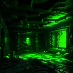 High resolution digital image of a dark stone room with the ceiling covered in green slime.