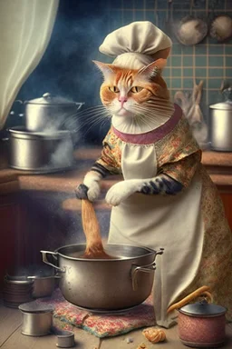 mother cat dressed in an aprin cooking