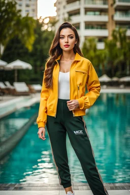 fullbody shot of young-beautiful-girl-with-a-perfect-face-with-make-up-wearing- sport pants and jacket standing in big Square with a pool clean water in center ,nice nature in modern city scape environment , flowers,