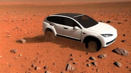 A Tesla's 'Model S Plaid' is doing donuts, in the 'Cydonia' region, on planet Mars. CINEMATIC. WIDE ANGLE LENS.