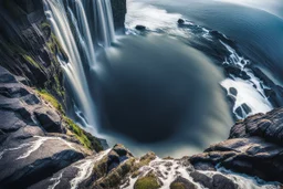 Majestic waterfall plunging into a deep, unseen abyss. Lush greenery covers the cliffs, with rocky outcroppings jutting into the churning water at the base. The scene evokes a sense of awe and mystery.