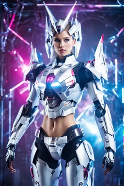 Realistic Photography fullbody super model Russian beautiful woman as cyborg with body full gundam robotic,light disco background