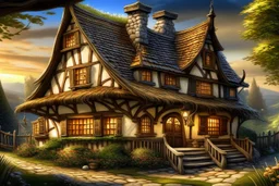 An image depicting a picturesque, richly detailed traditional thatched house with a rustic charm, similar to the work of masters such as Josephine Wall or Tomasz Alen Kopera. The house should have a warm white facade with visible texture, perhaps reminiscent of a plaster finish, and a thick straw-colored thatched roof with signs of natural weathering, as well as a couple of distinctive, textured chimneys with red tiles and white tops. The house should feature small, symmetrical windows with a cl