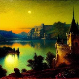 Drawing of 'Medieval Romanian Castle',mountain,lake,full moon, by gaston bussiere, greg rutkowski, yoji shinkawa, yoshitaka amano, tsutomu nihei, donato giancola, tim hildebrandt, oil on canvas, cinematic composition, extreme detail,fit full head inside picture,16k