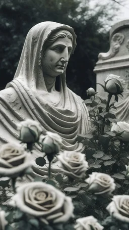 A grave with a statue of a woman behind it, and above it a white lace scarf and seven white roses. Cinematic picture