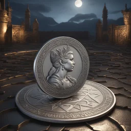 a silver coin called a Silver Moon standing on edge. a queens portrait. ancient runes. flat coin. show one coin front on at a distance. show whole coin. fantasy concept art, exquisite realism, a masterpiece, dynamic lighting, hyper detailed, intricately detailed, deep color, Unreal Engine, volumetric lighting , Epic cinematic brilliant stunning intricate meticulously detailed dramatic atmospheric maximal,