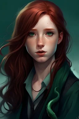 Harry Potter IA femelle petit yeux verts foncé cheveux mi-long rouge cap serpentard air méchant