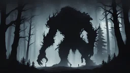 realistic art, blackwoods, darkwood, dark forest, gigantic monster distance silhouette , midnight, small lights