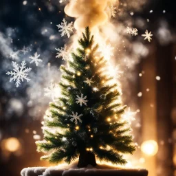 Extreme Macro Photography, HD, Photo Realistic. Centered. Linear perspective,merry christmas, christmas tree, smoke trailing out chimney, white snowflakes falling . Backlit by very soft golden glow lighting