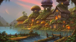 Gigantic mushroom village with balconies, archways, stairs, bridges, bushes, spanish moss, ivy, lake, a winding pathway through the middle