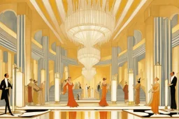 Inside an Art Deco Opera foyer, with mirrors and brass sconces, incandescent, gleaming, people in extravagant costumes by artist "Erte"