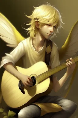 fee, männlich, libellenartige Flügel, hellblondes, fast weißes, unordentliches Haar, Laute spielend, lange spitze Ohren, goldene Augen, realistisch, kindliches aussehen
