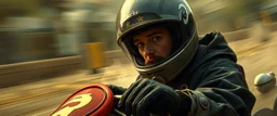 gokart mozart with gloves bewildered looks beyond really powerful, fantasy illustration in the style of Rembrandt, motion blur background