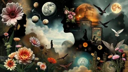 Digital collage of various images and elements such as flowers, shadows, planets, fog, woman, abstract symbols, haze, plants, tarot cards, birds, angels, eyes, strange things. The collage consists of beautiful shapes and layers. Deep, colors, surreal mood. The images and elements are related to the themes of surrealism, beauty, fantasy