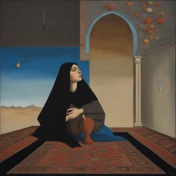 persian girl , iranian carpetsurrealist painting called 'today I am thinking about death by dali and picasso and magritte and Breughel