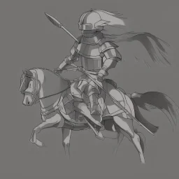 pencil sketch from side, little knight on the horse in armor with forward pointed lancet charging