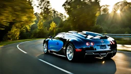 A sleek (((bugatti hyper super future veyron 16.4))),, cutting through a (((clear bright blue morning sky))) rear view