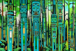 A green cybernetic forest designed in pacific Northwest totem poles painted by Stuart Davis