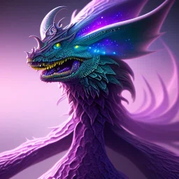 purple mythical creature in galaxy, teal and purple smoke, detailed, realistic, 4k