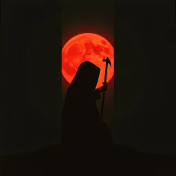 Reaper and the girl reveries under a red moon, segmented image spanning three offset oblong panels, Exponential paradigm shift, surreal, mind-bending grainy corrupted photography; eerie colors, dark shines, atmosphere guided by N(t)=N0​⋅e−kt, dark negative space