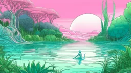 sketch lines, A botanical garden on an alien planet with thick, colorful foliage, featuring a small lagoon with shimmering water reflecting a vibrant pink sky, and a lone alien creature with blue skin drinking from the water., sophisticated muted-green color scheme, pencil drawing