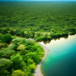 aerial view of a wide river in the jungle, perfect composition, beautiful detailed intricate insanely detailed octane render trending on artstation, 8 k artistic photography, photorealistic concept art, soft natural volumetric cinematic perfect light, chiaroscuro, award - winning photograph, masterpiece, oil on canvas, raphael, caravaggio, greg rutkowski, beeple, beksinski, giger