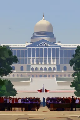 To governors having a speech in front of a huge building painting