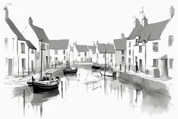 English fishing village light hb pencil line art minimalist outlines in the style of Willem Haenraets